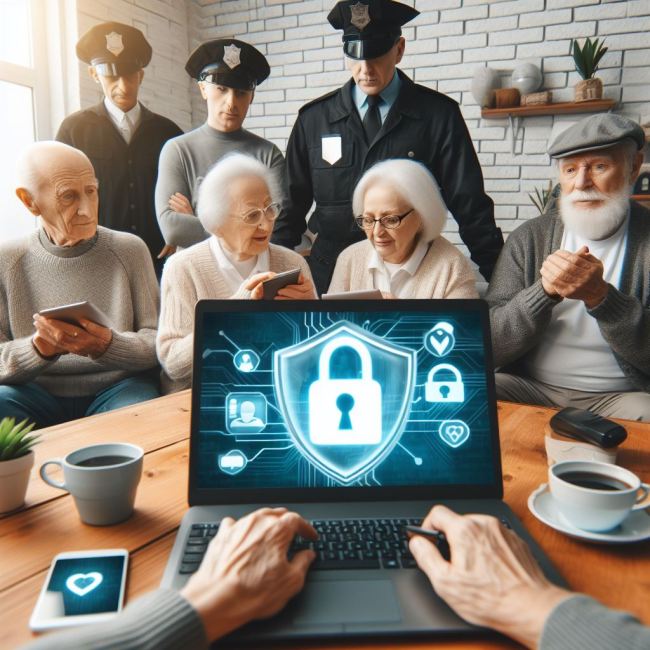alt= An elderly man using a laptop with a security icon on it. Image from 'The Ultimate Online Safety Guide for Senior Citizens'.