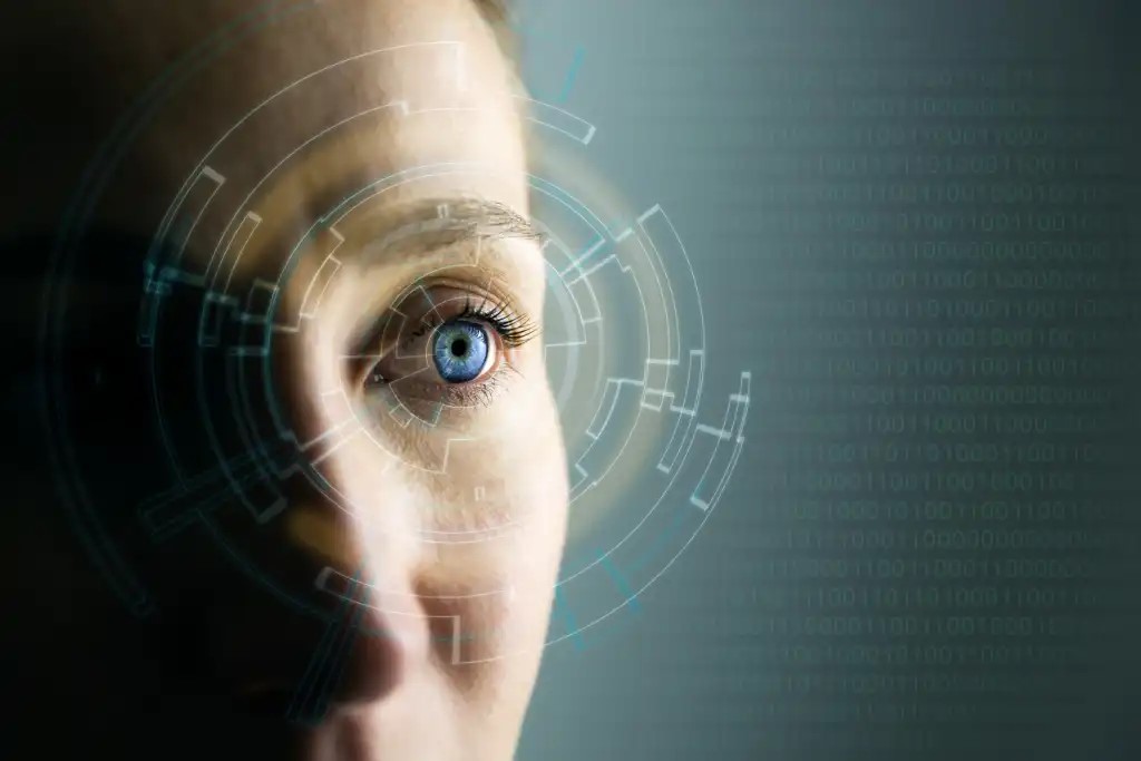alt= A woman's face with a digital interface, symbolizing adaptation to cybersecurity in the AI age.