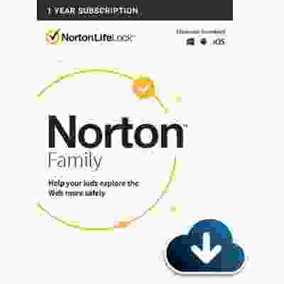 alt=Image: Norton Family Subscription logo with a shield and lock icon. Protect your family online with Norton Family.