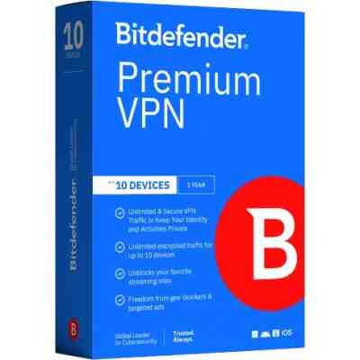 alt=Box design for Bitdefender Premium VPN, featuring vibrant blue background, red logo, and text highlighting features for up to 10 devices.