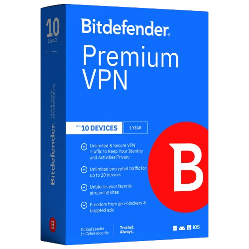 alt=Box design for Bitdefender Premium VPN, featuring vibrant blue background, red logo, and text highlighting features for up to 10 devices.
