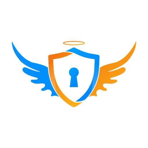 alt=Logo for AngelVPN, a security company. Features a shield with wings, symbolizing protection and secure internet connections.