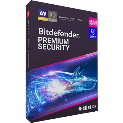alt=Image of Bitdefender Premium Security software package with logo and features displayed on the box.
