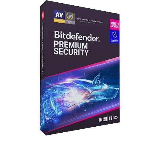 alt=Image of Bitdefender Premium Security software package with logo and features displayed on the box.