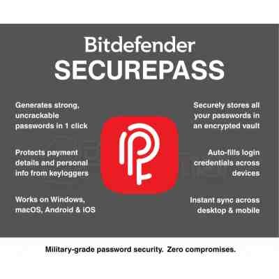 alt=Alt text: Bitdefender SecurePass graphic detailing features like strong password generation, secure storage, and device syncing.