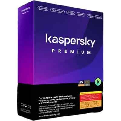 alt=Kaspersky Premium box with logo on front - a sleek, black box displaying the Kaspersky logo prominently.