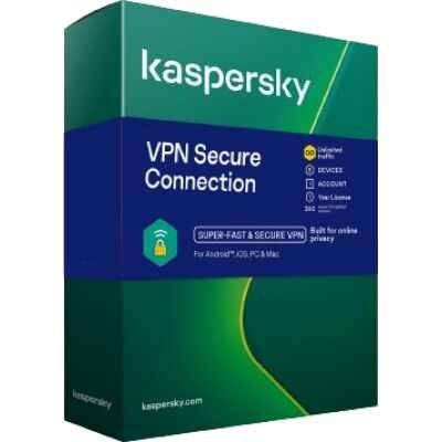 alt=Kaspersky VPN secure connection box: A compact box displaying the Kaspersky VPN logo, indicating a secure and protected internet connection.