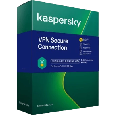 alt=Kaspersky VPN secure connection box: A compact box displaying the Kaspersky VPN logo, indicating a secure and protected internet connection.