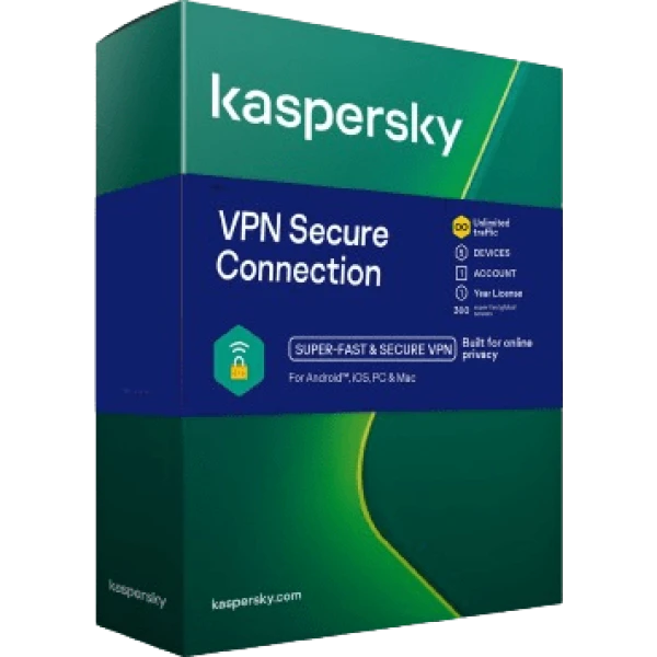 alt=Kaspersky VPN secure connection box: A compact box displaying the Kaspersky VPN logo, indicating a secure and protected internet connection.