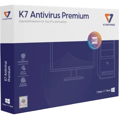 alt=Image of K7 Antivirus Premium software box with logo and features listed, including real-time protection and firewall.