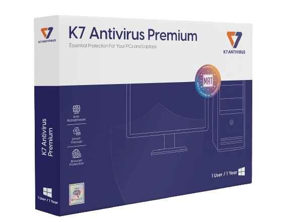alt=Image of K7 Antivirus Premium software box with logo and features listed, including real-time protection and firewall.