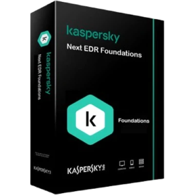 alt=Kaspersky software box for "Next EDR Foundations," featuring a black background with a teal logo and white text.
