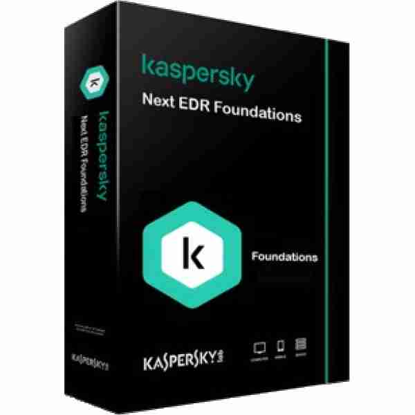 alt=Kaspersky software box for "Next EDR Foundations," featuring a black background with a teal logo and white text.