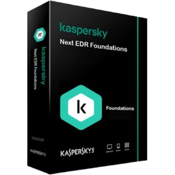 alt=Kaspersky software box for "Next EDR Foundations," featuring a black background with a teal logo and white text.