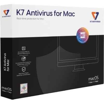 alt=Image of the K7 Antivirus for Mac box, featuring the product logo and key features.