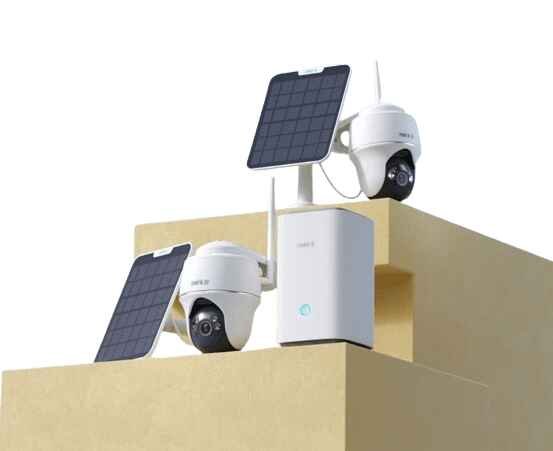 alt=1. Solar powered Reolink security cameras mounted on rooftop for enhanced building surveillance.