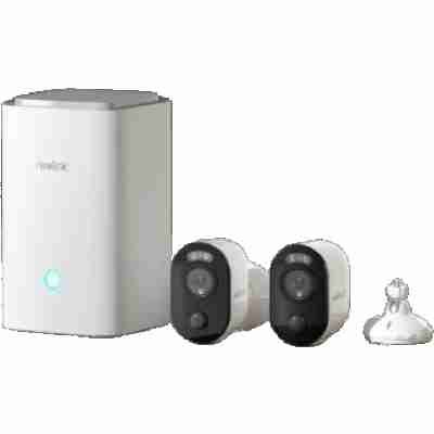 alt=1. Two Reolink cameras providing surveillance in a smart home security system.