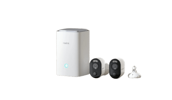 alt=1. Two Reolink cameras providing surveillance in a smart home security system.