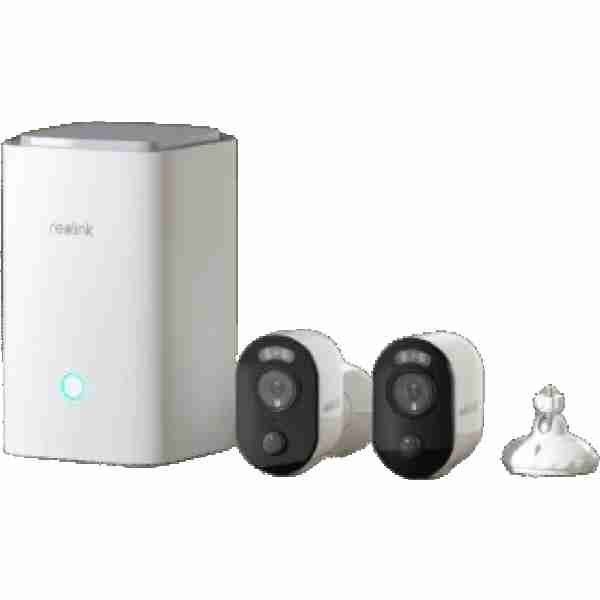 alt=1. Two Reolink cameras providing surveillance in a smart home security system.
