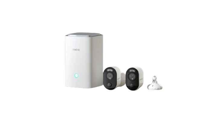 alt=1. Two Reolink cameras providing surveillance in a smart home security system.