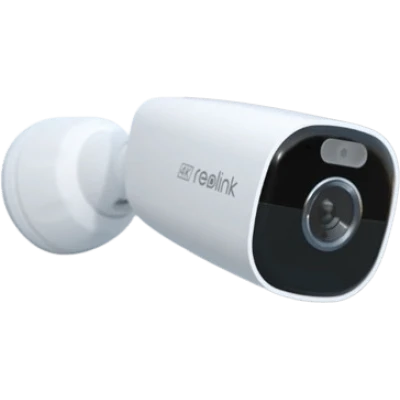 alt=Reolink cam mounted on wall, providing security surveillance.
