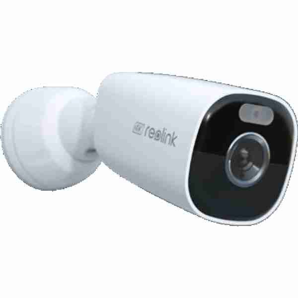 alt=Reolink cam mounted on wall, providing security surveillance.