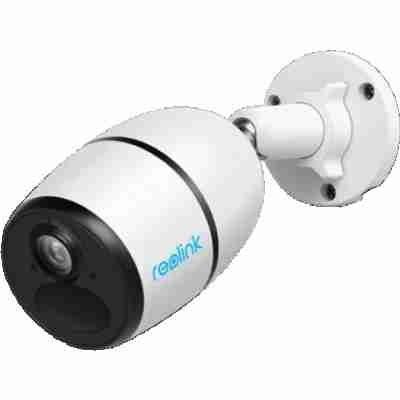 alt=1. A Reolink outdoor security camera mounted on the side of a white house.