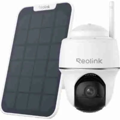 alt=Reolink security camera paired with a solar panel.