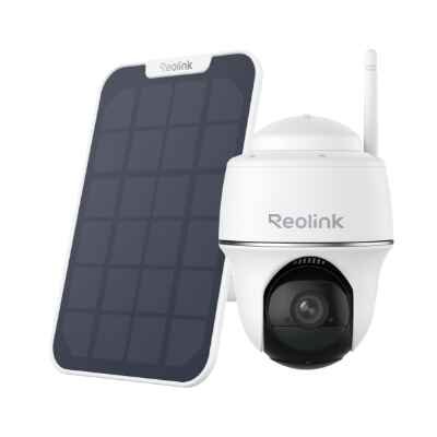 alt=Reolink security camera paired with a solar panel.