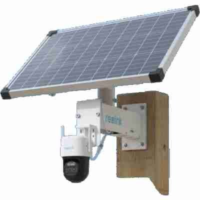 alt=1. Solar-powered Reolink security camera affixed to a wooden wall, ensuring surveillance with eco-friendly technology.