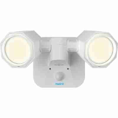 alt=1. A Reolink Floodlight featuring a white light with two additional lights illuminating the surrounding area.