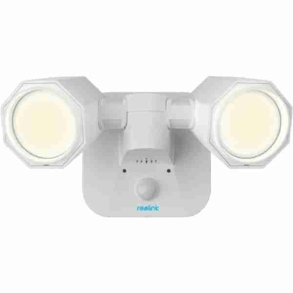 alt=1. A Reolink Floodlight featuring a white light with two additional lights illuminating the surrounding area.