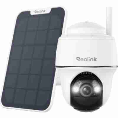 alt=Reolink security camera paired with a solar panel.