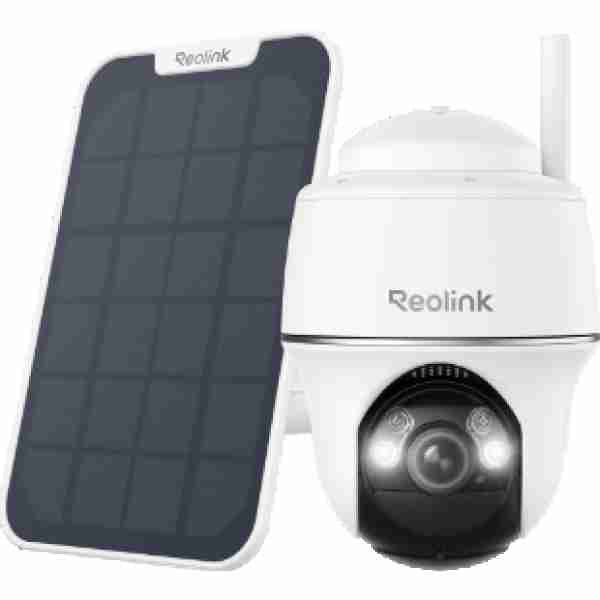 alt=Reolink security camera paired with a solar panel.