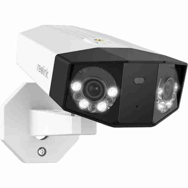 Alt=1. Outdoor Reolink security camera featuring two integrated lights for enhanced surveillance and visibility.