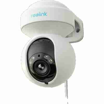 alt=1. Outdoor Reolink security camera mounted on a wall, providing surveillance for enhanced home security.
