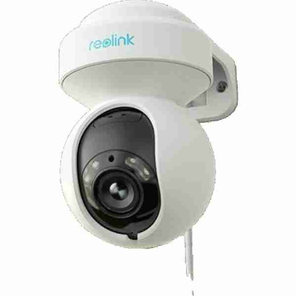 alt=1. Outdoor Reolink security camera mounted on a wall, providing surveillance for enhanced home security.