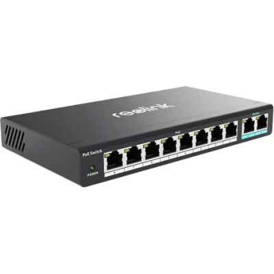 alt=1. Reolink RPI 8-port gigabit switch, showcasing multiple Ethernet ports for high-speed network connectivity.