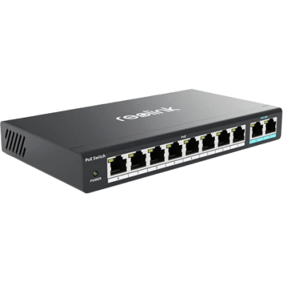 alt=1. Reolink RPI 8-port gigabit switch, showcasing multiple Ethernet ports for high-speed network connectivity.