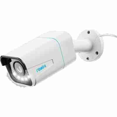 alt=1. A white Reolink IP camera featuring a blue light, designed for surveillance and security monitoring.