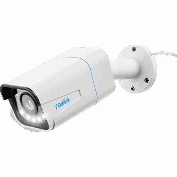 alt=1. A white Reolink IP camera featuring a blue light, designed for surveillance and security monitoring.