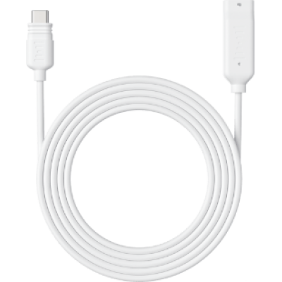 alt=1. A white USB-C extension cable linked to a white charger, designed for Reolink solar panels.