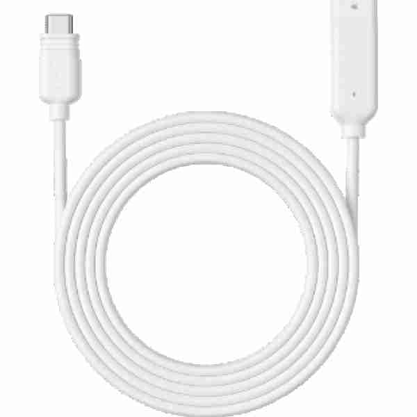 alt=1. A white USB-C extension cable linked to a white charger, designed for Reolink solar panels.