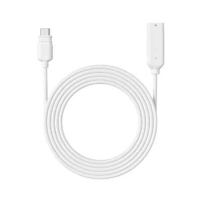 alt=1. A white USB-C extension cable linked to a white charger, designed for Reolink solar panels.