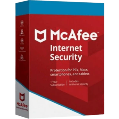 alt=1. McAfee Internet Security software package for one PC, valid for one year, showcasing enhanced online protection features.