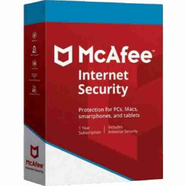 alt=1. McAfee Internet Security software package for one PC, valid for one year, showcasing enhanced online protection features.