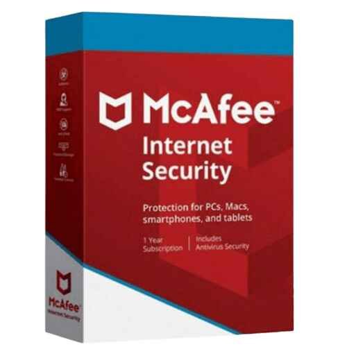 alt=1. McAfee Internet Security software package for one PC, valid for one year, showcasing enhanced online protection features.