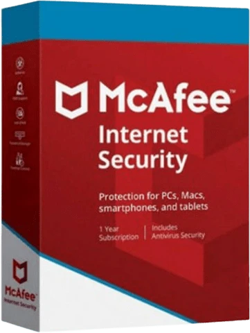 alt=1. McAfee Internet Security software package for one PC, valid for one year, showcasing enhanced online protection features.