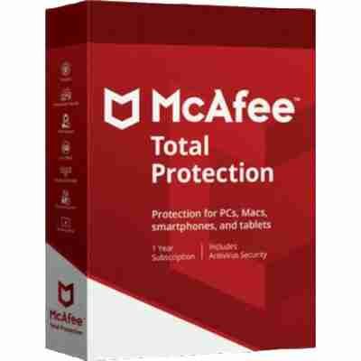 alt=1. McAfee Total Protection box featuring a sleek design, showcasing security software for comprehensive digital protection.