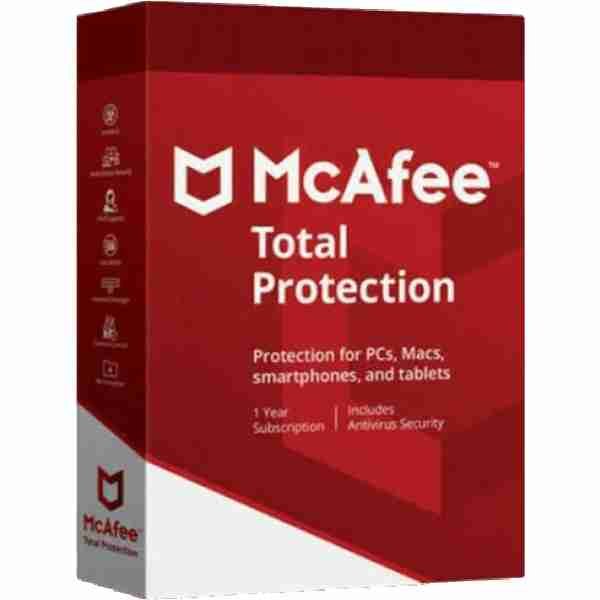 alt=1. McAfee Total Protection box featuring a sleek design, showcasing security software for comprehensive digital protection.